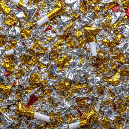 Crumpled silver and gold foil confetti as a background textureの素材