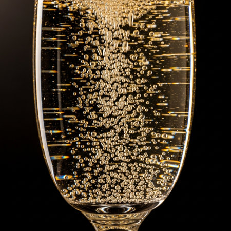 Champagne glass with bubbles isolated on black background. New Year celebration.の素材