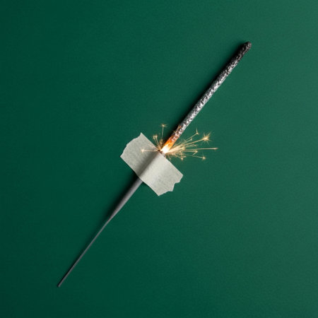 Burning sparkler on a green background. Flat lay, top view.の素材
