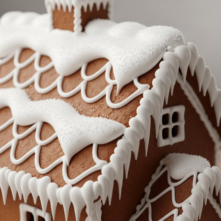 Gingerbread house with white icing on grey background, closeupの素材