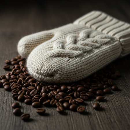 Coffee beans and knitted mittens on a wooden backgroundの素材