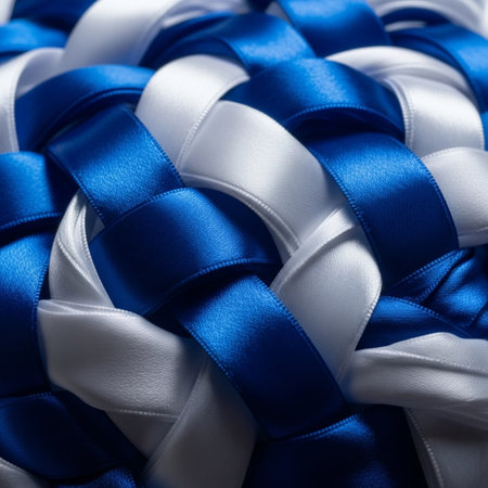 Blue and white satin ribbons as background, closeup viewの素材