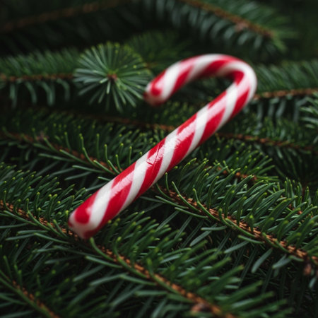 Christmas candy canes on fir tree branch, closeup. Christmas backgroundの素材