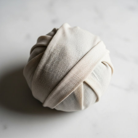 Close up of a beige napkin on a white marble backgroundの素材