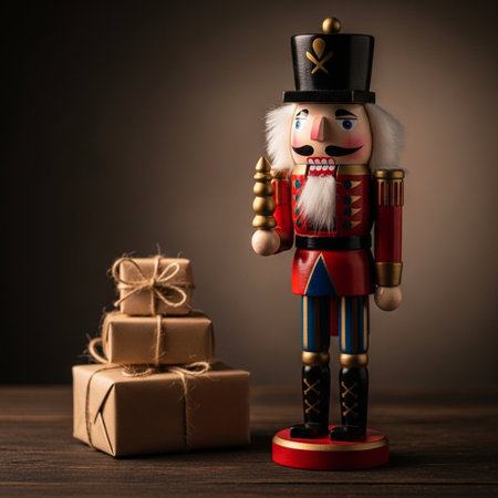 Nutcracker with Christmas gifts on dark background. Christmas concept.の素材