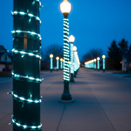 A vertical shot of a street lamp post with green and blue lightsの素材