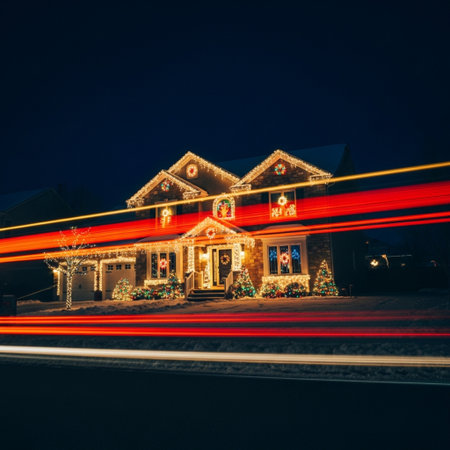 Christmas lights on a house at night. Long exposure photo with motion blur.の素材