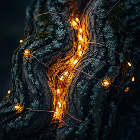 Glowing Christmas lights on tree bark in forest. Christmas background.の素材
