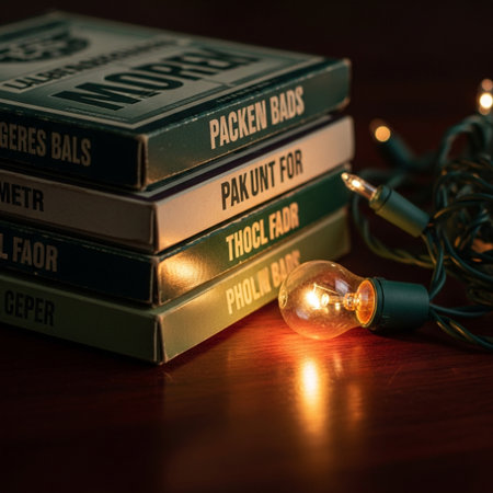 Vintage book with light bulb and christmas tree on wooden tableの素材