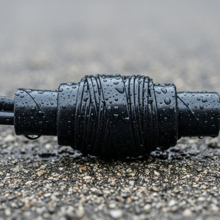 Black electric plug on the asphalt with water drops. Selective focus.の素材