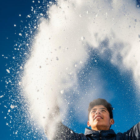 Close up of young man throwing snow in the air against blue skyの素材