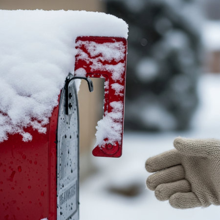Hand in glove holding a mailbox covered with snow. Winter background.の素材