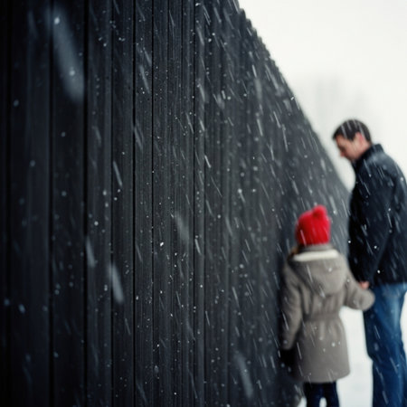 A young couple standing in front of a wooden fence in winter.の素材