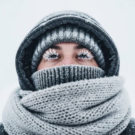 Winter portrait of a beautiful girl in a knitted hat and scarfの素材