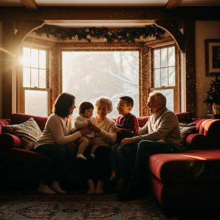 Happy family sitting on sofa in living room decorated for Christmas and New Yearの素材