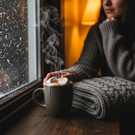 Woman in a warm knitted sweater is holding a cup of hot cocoa with marshmallow on the background of the window.の素材