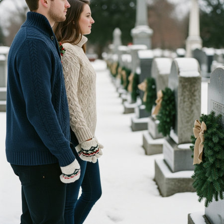 couple in love at the cemetery on a cold winter day.の素材