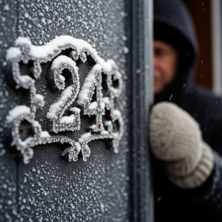 Man in winter clothes is standing near the door and looking at the number twenty.の素材