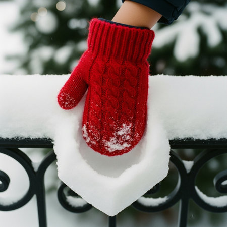 Woman's hand in red knitted mittens holding heart shaped snowflakes.の素材