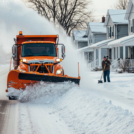 Man cleaning snow from driveway with snowplow in front of houseの素材