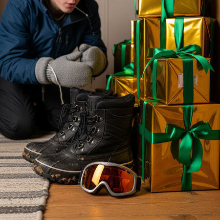 Hands of a young man in a blue jacket, gloves and a pair of ski goggles are next to a stack of Christmas gifts.の素材