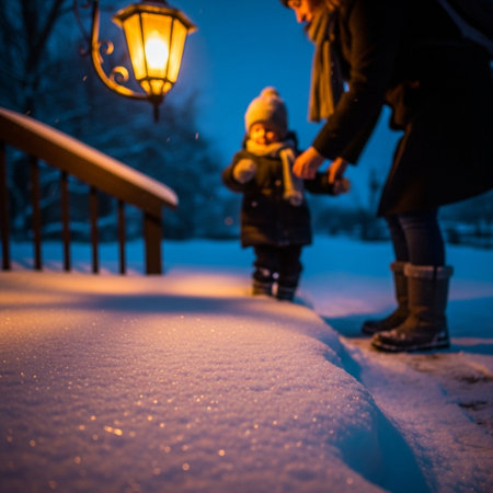 Mother and her son walking through the snow in the park at night.の素材