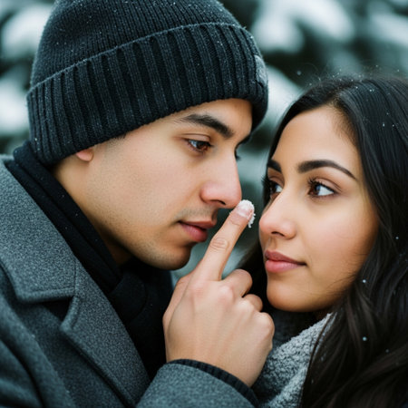 Young man and woman in winter clothes. Couple in love.の素材