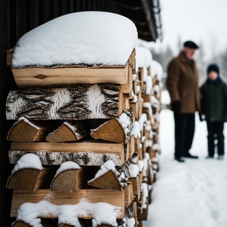 A man and a woman stand near a pile of firewood in winter.の素材