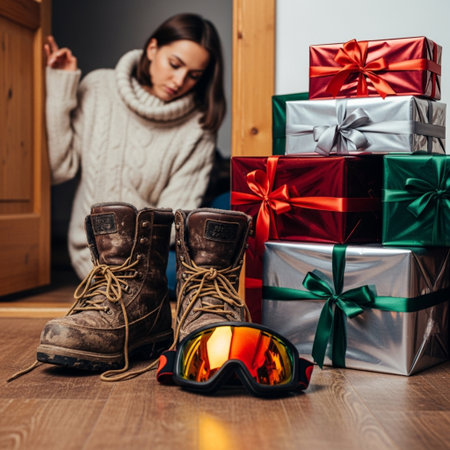 Woman with ski goggles and winter boots sitting on a wooden floor with giftsの素材