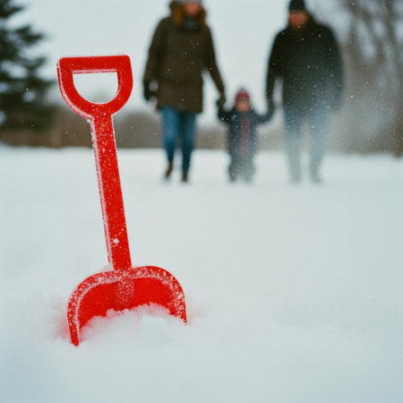 Red toy shovel in the snow with a blurred family in the backgroundの素材