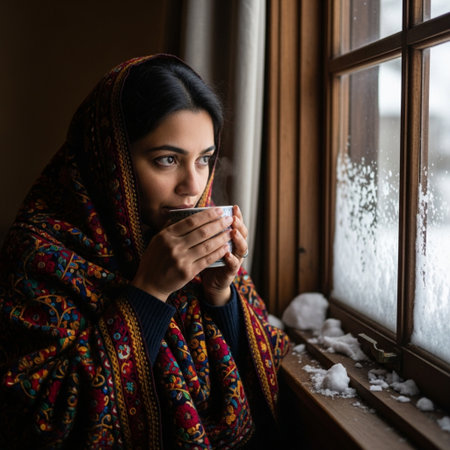 Young woman with cup of hot drink sitting near window at home.の素材