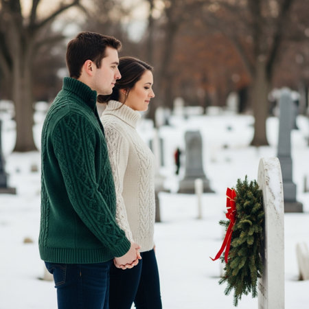 couple in love on the background of a winter cemetery, a man and a womanの素材