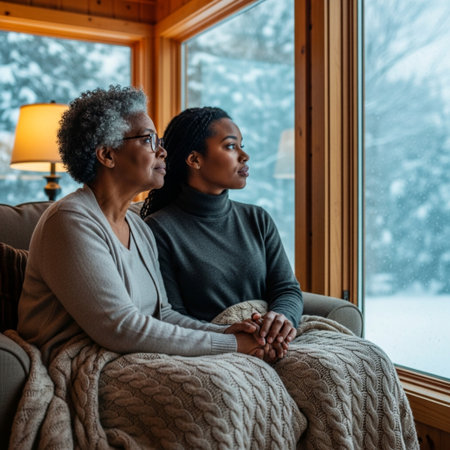 African american couple sitting on window sill and looking at winter landscapeの素材