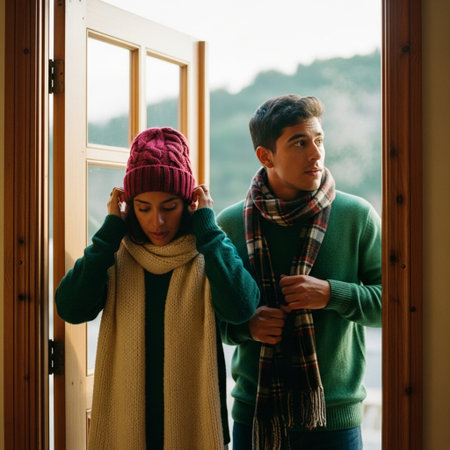 Young man and woman in warm clothes standing near the window at home.の素材