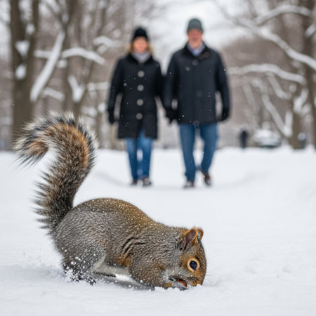 Squirrel in the snow with man and woman in the background.の素材