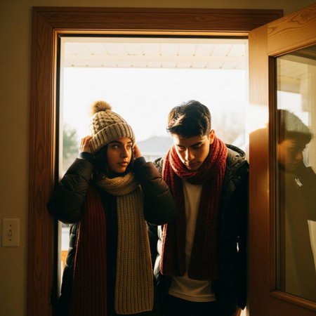 Young couple in winter clothes standing near the window and looking outside.の素材