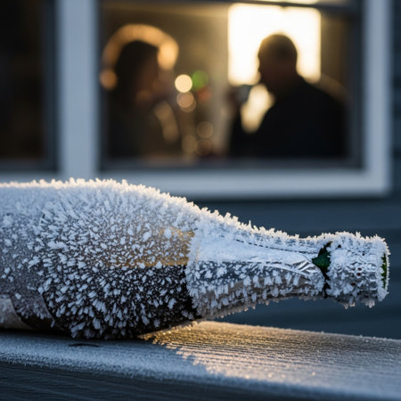 Close-up of a frozen bottle of champagne on the terrace of a houseの素材