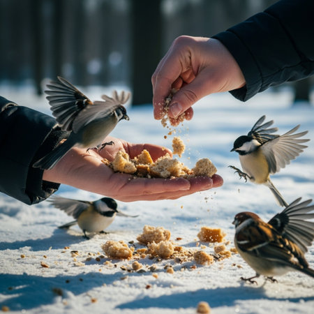 Feeding birds in the winter forest. Birds feed in the winter forest.の素材
