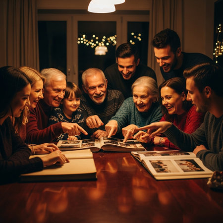 Group of friends sitting at the table and looking at photos in a magazineの素材