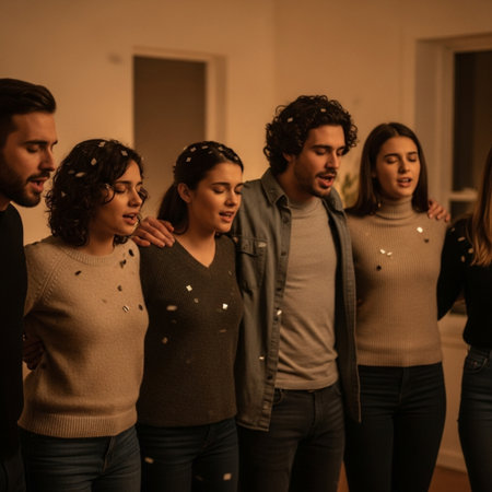 Group of young people in casual clothes having fun while dancing together at homeの素材