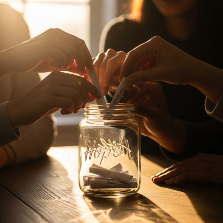 Close up of female hands putting money into a glass jar on wooden floorの素材