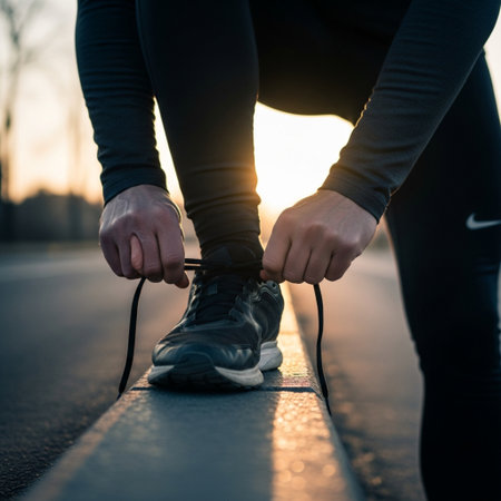 Runner tying shoelaces on the road. Sport and healthy lifestyle concept.の素材
