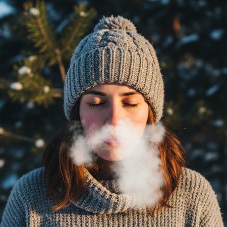 Young woman smoking electronic cigarette in winter park. Outdoor lifestyle portrait.の素材