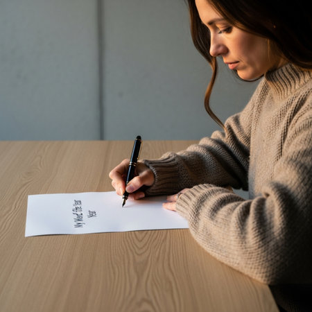Young woman signing a contract with a pen on a wooden table.の素材