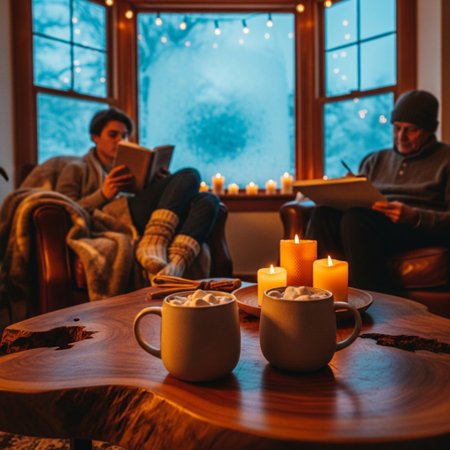 Couple in love with a cup of hot chocolate reading a book in a cozy atmosphere.の素材