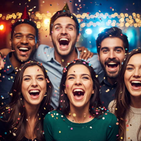 party, holidays, celebration and people concept - group of smiling friends in caps at birthday partyの素材