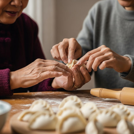 Close-up of Asian senior mother and daughter making dumplings in the kitchenの素材