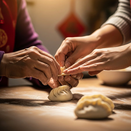 Hands of mother and daughter making dumplings in the kitchenの素材