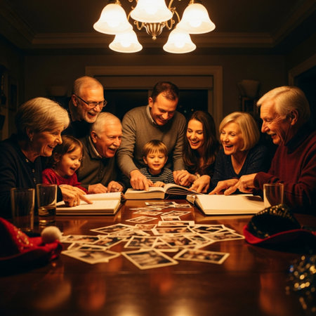 Happy family reading a book at home. Grandparents, mother, father, son and daughter.の素材