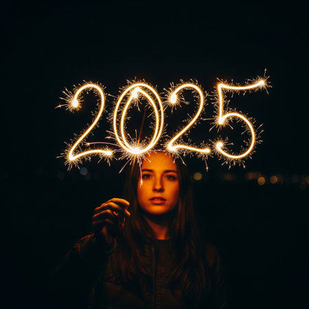Girl holding a sparkler in the shape of the number 2015 on a black backgroundの素材